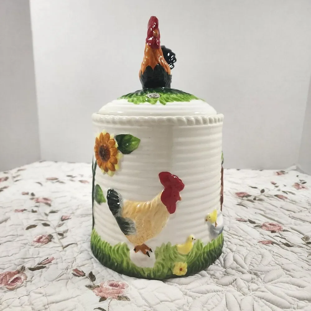 Vintage Ceramic Rooster Sunflower Canister Cookie Jar 3D Farmhouse Ribbed